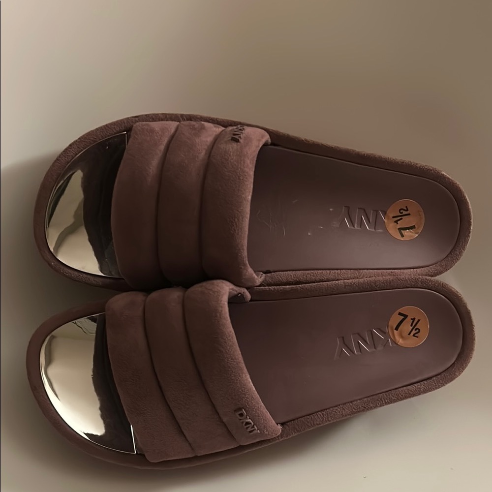 DKNY Brown Wedge Sandals with Gold Accents